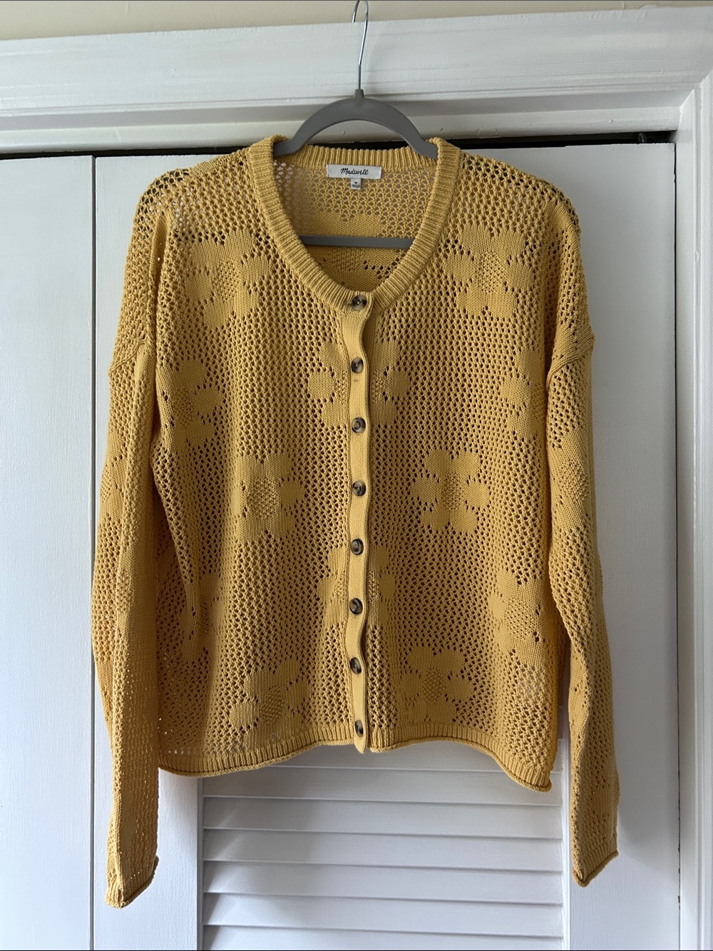 Madewell Yellow Open-Knit Floral Button Cardigan